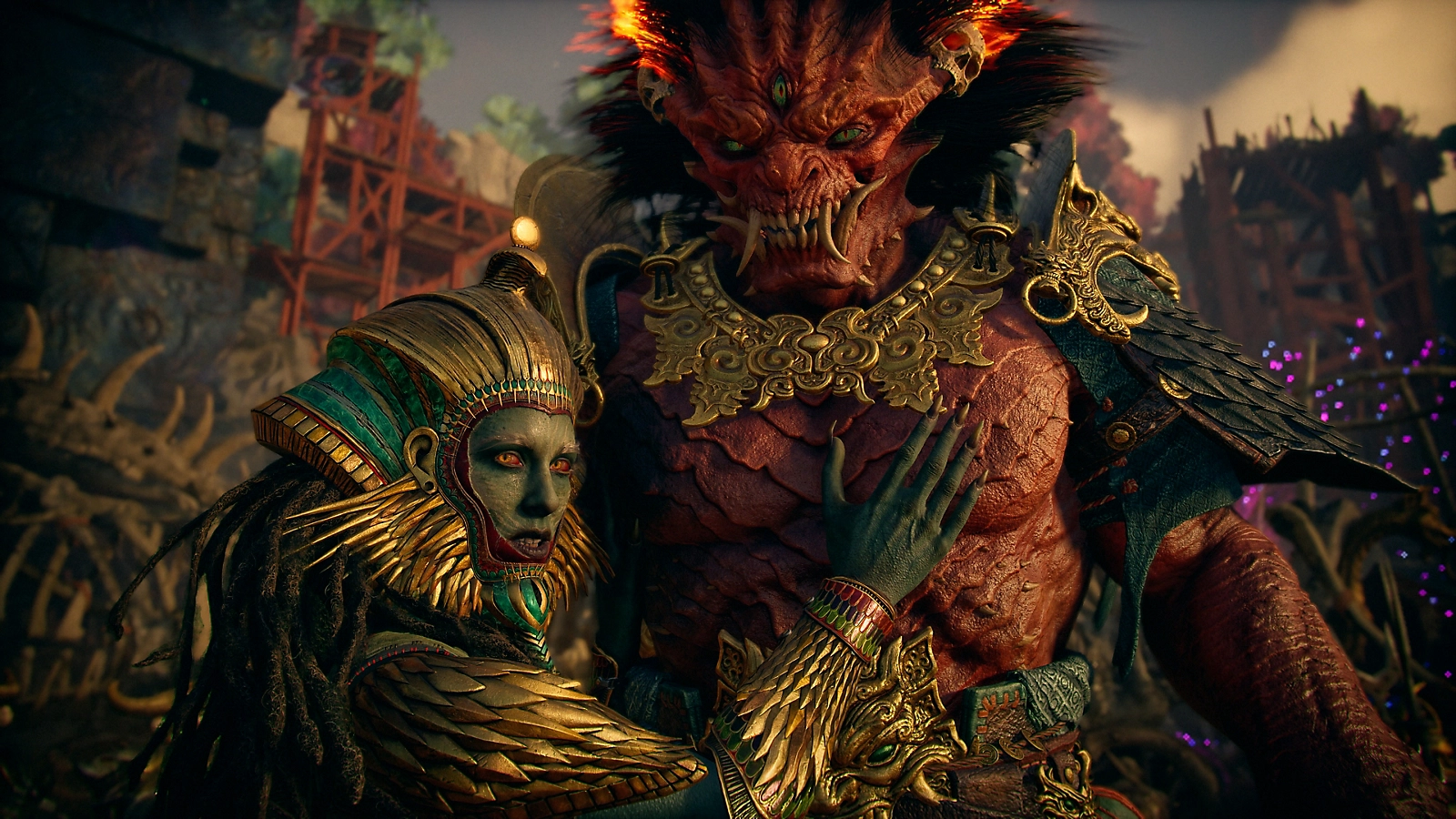Mythic figures gather in a fiery hall
